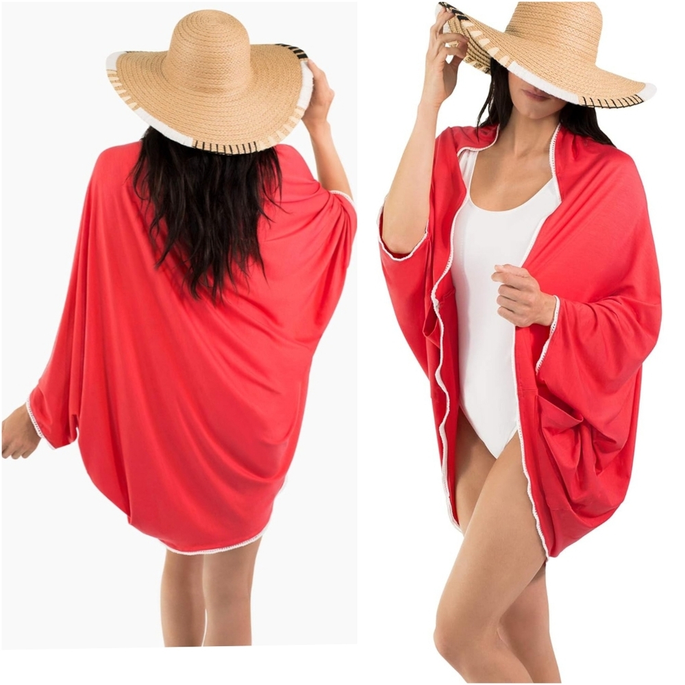 NEW! SUN50 UPF 50+ Swim Beach Shrug Kimono Coverup Cardigan with White Trim